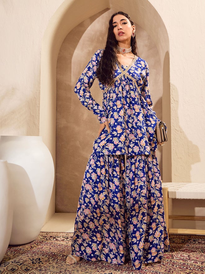 SASSAFRAS Blue Floral Cambric Peplum Top with Sharara Pants Co-Ords - Image 1