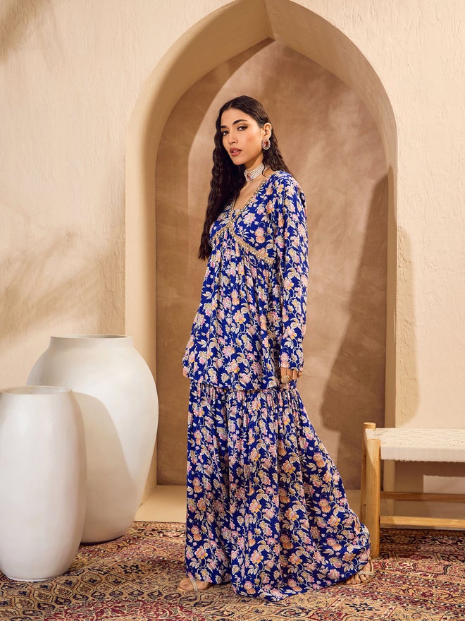 SASSAFRAS Blue Floral Cambric Peplum Top with Sharara Pants Co-Ords - Image 3