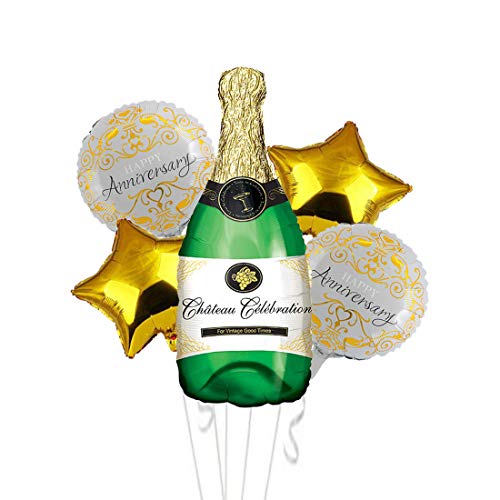 SOI Happy Anniversary Round Balloon | Anniversary Decoration Items | Champagne Bottle Balloon | Star Shape Balloon (Champagne Anniversary- Pack of 5) - Image 1