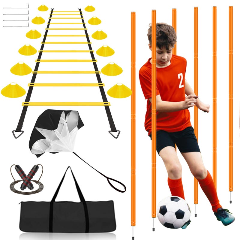 Vztipki Speed & Agility Training Equipment-20ft Agility Ladder, 6 Poles, 12 Soccer Cones, Resistance Parachute, Jump Rope, Soccer Football Basketball Sport Training Set for Kids Youth Adults - Image 1