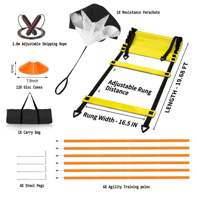 Vztipki Speed & Agility Training Equipment-20ft Agility Ladder, 6 Poles, 12 Soccer Cones, Resistance Parachute, Jump Rope, Soccer Football Basketball Sport Training Set for Kids Youth Adults - Image 2