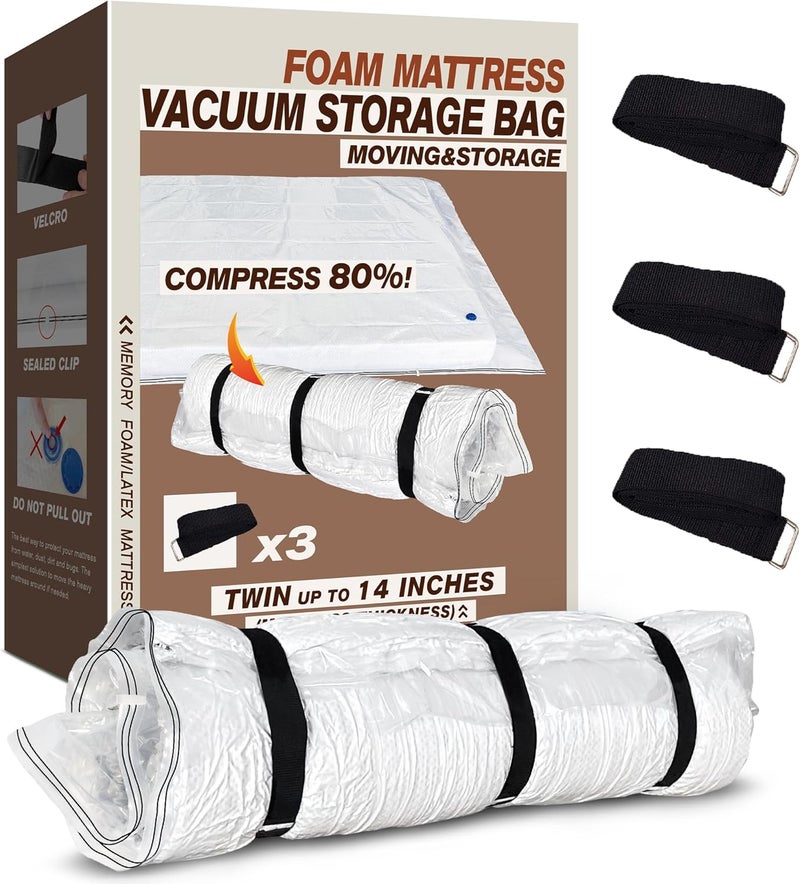 VacPack Twin Mattress Vacuum Bag for Moving Storage Shipping, for Memory Foam Latex Mattress Thick and Tear Resistant with Straps (Twin) - Image 1