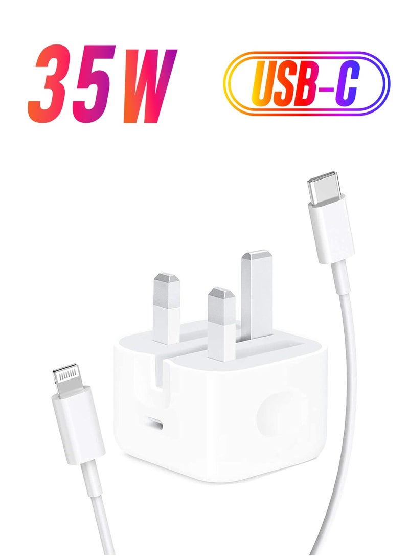 "Original 35W USB-C Power Adapter for iPhone 14, 13, 12, 11 Pro Max, 14 Plus, XS, XR, XS Max, iPad Pro, and MacBook – Dual Type C Port PD Fast Charging UK Plug Wall Charger"x` - Image 1