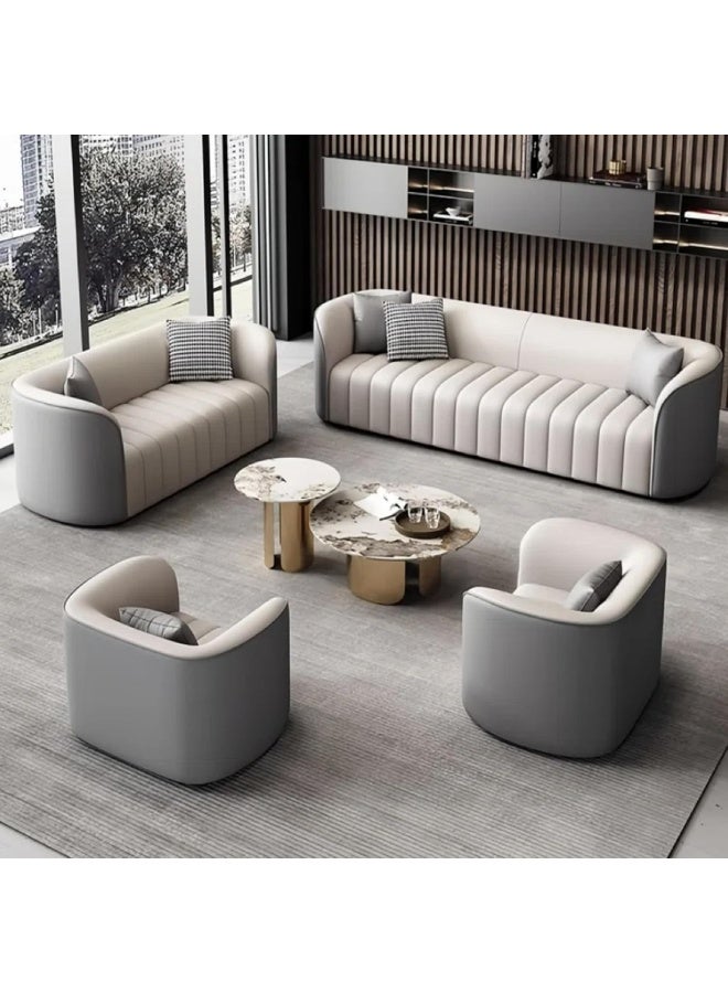 Poppins Home Premium Leather Complete Sofa Set â€“ 3 Seater Sofa + 2 Seater Loveseat with 2 Armchairs for Elegant Living Room Seating (Grey) - Image 1