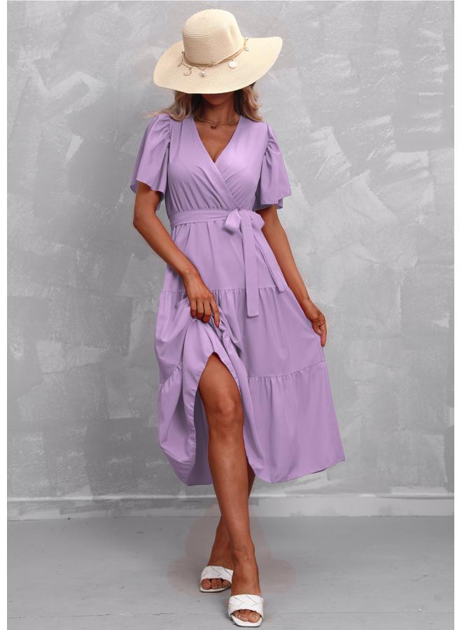 Women's Clothing Explosions Summer New Hot Solid Color V-neck Short-sleeved Dress