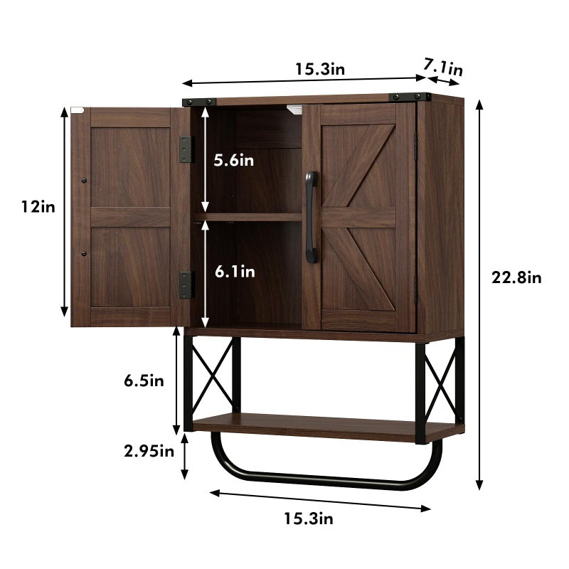 RUSTOWN Farmhouse Rustic Medicine Cabinet with Two Barn Door,Wood Wall Mounted Storage Cabinet with Adjustable Shelf and Towel Bar, 3-Tier Cabinet for Bathroom(Dark Walnut) - Image 3