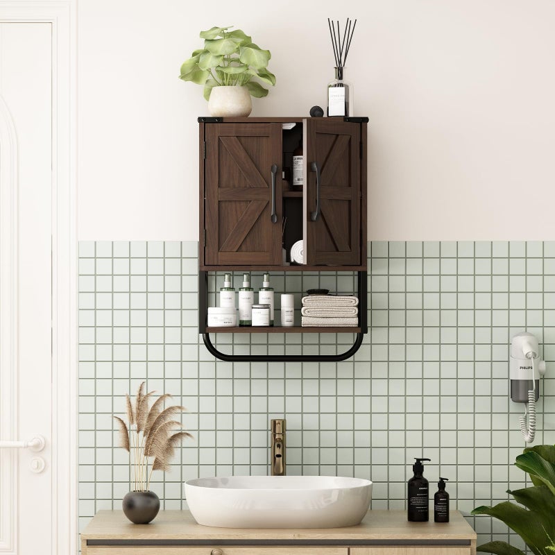 RUSTOWN Farmhouse Rustic Medicine Cabinet with Two Barn Door,Wood Wall Mounted Storage Cabinet with Adjustable Shelf and Towel Bar, 3-Tier Cabinet for Bathroom(Dark Walnut) - Image 2