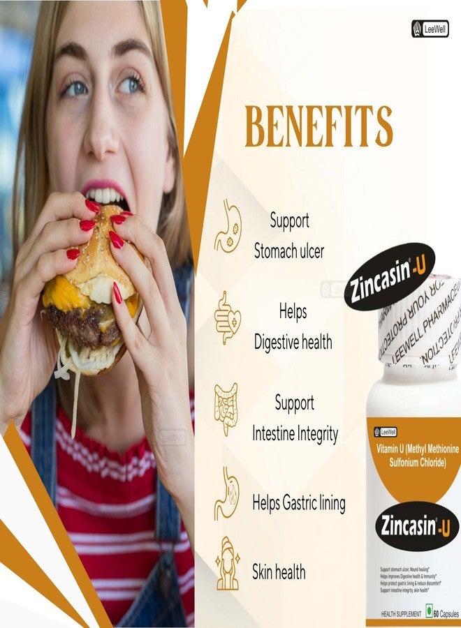 Zincasin U with Vitamin U (Methyl Methionine Sulfonium Chloride) | Gut Health Supplements | Helps Stomach Ulcers repair | Lungs, Liver, and Kidneys Support | Anti-inflammatory, Blood lipids aid - 60 Capsules - Image 4