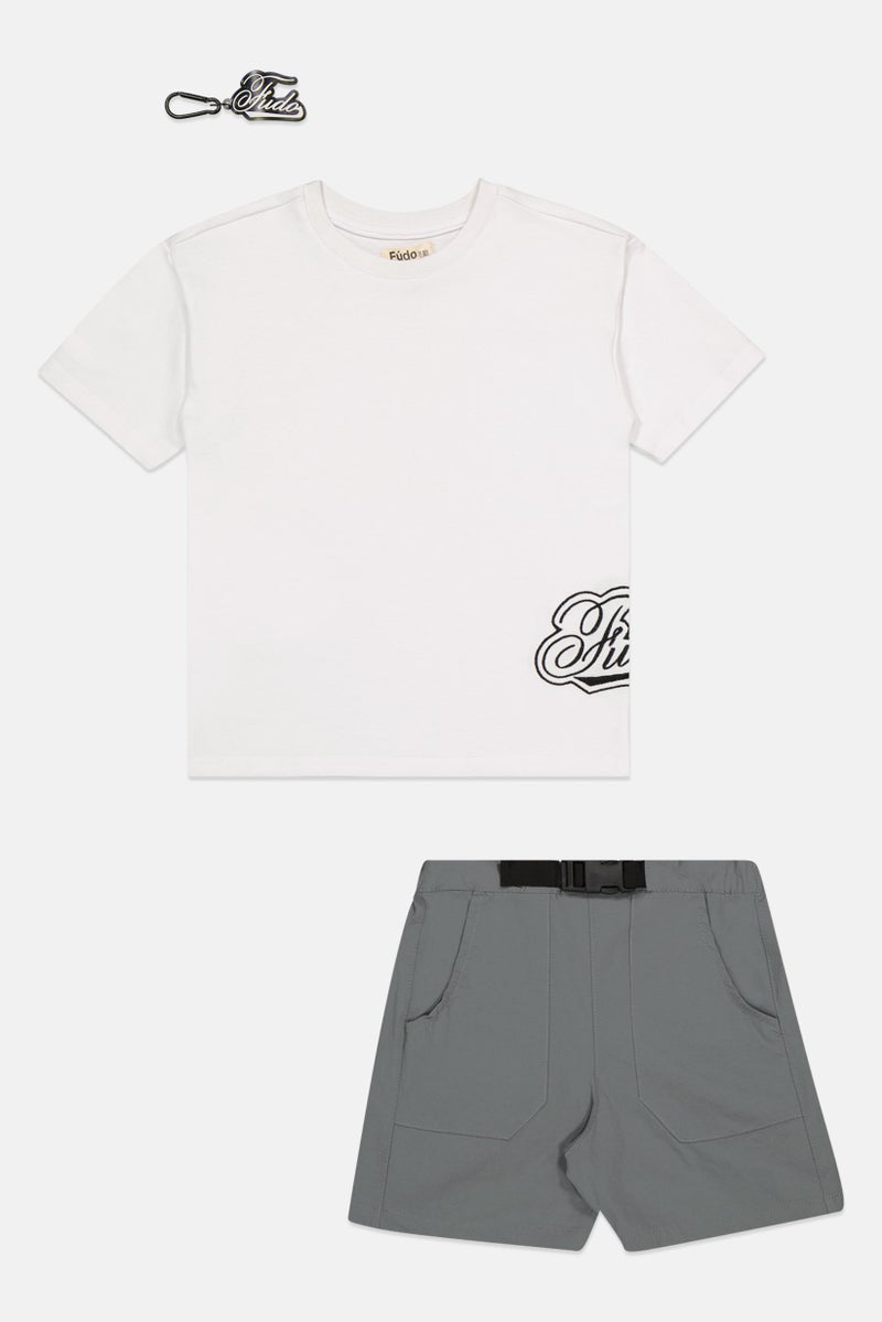 Fudo Kids Boy 3 Pieces Embroidered Logo T-Shirt With Shorts And Keyring Set, Multicolor - Image 2