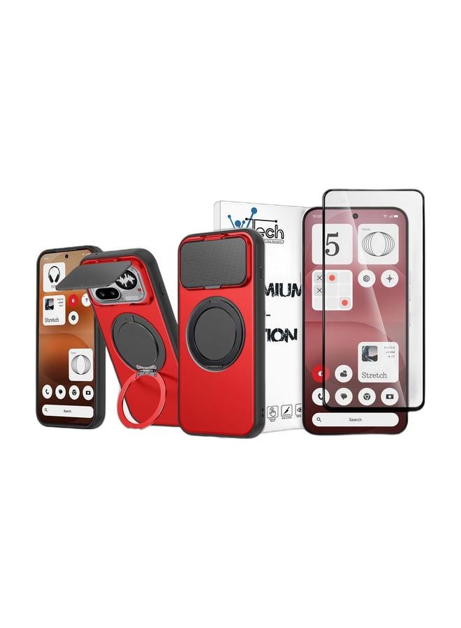 Wtech Nothing Phone (4a) Pro 5G 2026 Magnetic Hybrid Working Camera Protection Stand 360° Rotatable Magsafe Ring Case Cover (MCMPMN) - Red & Nothing Phone (4a) Pro 5G 2026 Premium E2E Series Full Glue Full Cover Tempered Glass Screen Protector (MSGECN) - Clear/Black Bundle - Image 1