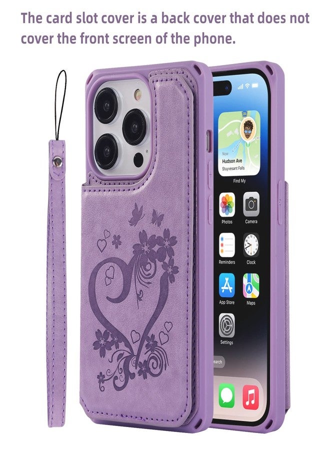 آي كوفر كايس جراب iCoverCase متوافق مع هاتف iPhone 14 Pro، جراب محفظة مع حامل بطاقات للنساء، جراب من الجلد الصناعي PU منقوش مانع لتقنية RFID مع حزام معصم، مقاس 6.1 بوصة (لون بنفسجي على شكل قلب) - Image 3