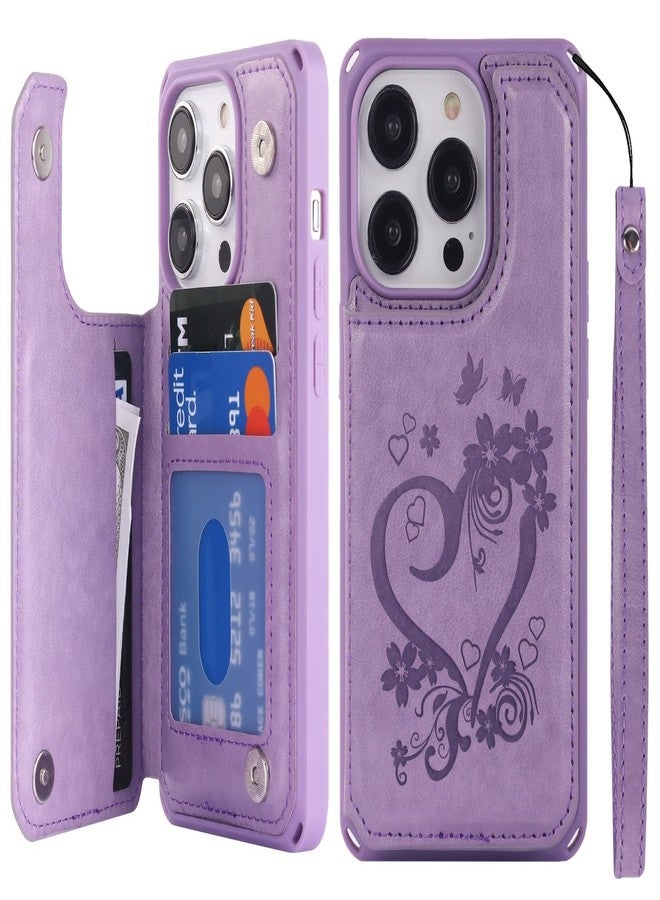 آي كوفر كايس جراب iCoverCase متوافق مع هاتف iPhone 14 Pro، جراب محفظة مع حامل بطاقات للنساء، جراب من الجلد الصناعي PU منقوش مانع لتقنية RFID مع حزام معصم، مقاس 6.1 بوصة (لون بنفسجي على شكل قلب) - Image 1