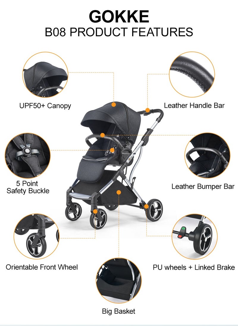 GOKKE - Reversible Baby Stroller with 5 Point Safety Harness, Compact Fold, Forward & Rear Facing, 0-36 Months, Black - B08BL - Image 1