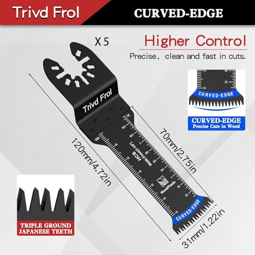 Trivd Frol 10 PCS Extra Long Oscillating Saw Blades, Curved Edge Bi-Metal and Japanese Teeth Multitool Blades Precise Cut for Wood Plastic Nails Metal, Multi Tool Blades Kits Fit Dewalt Milwaukee Bosch 70MM - Image 2