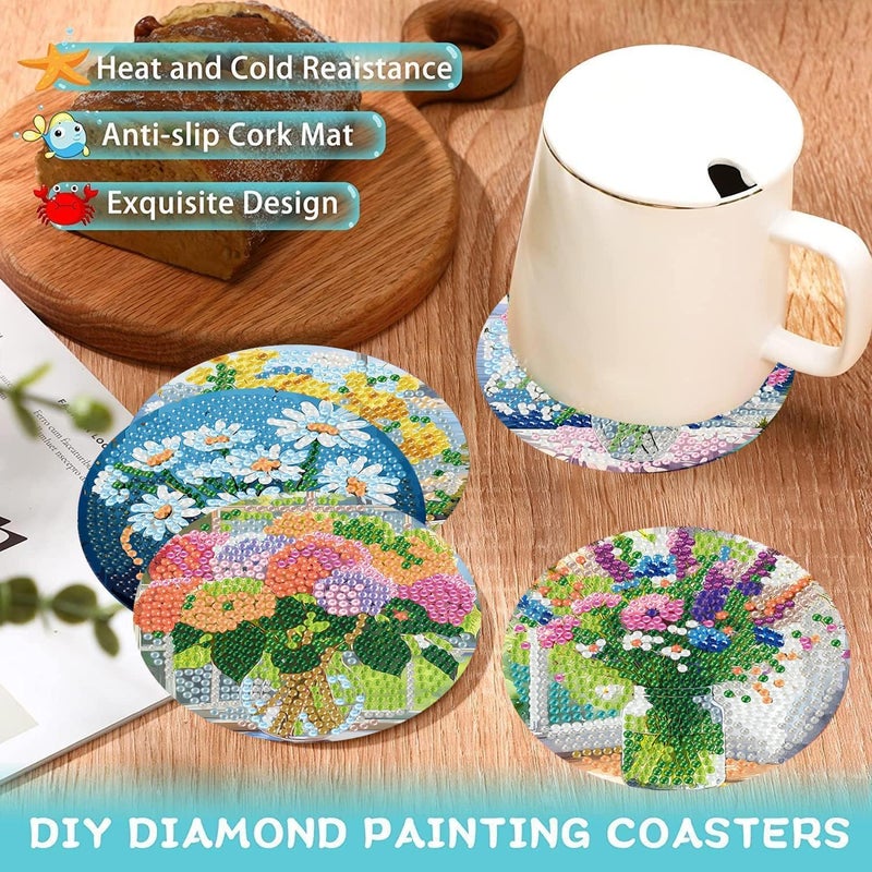 Ekuxom 8 PCS Flowers Diamond Art Coasters Kits, Diamond Painting Coasters Kits with Holder Cork Pads, DIY Crystal Full Drill Rhinestone Drink Coaster for Crafts Gifts Adults Beginners - Image 5