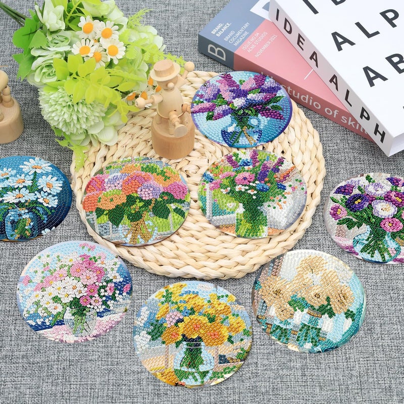 Ekuxom 8 PCS Flowers Diamond Art Coasters Kits, Diamond Painting Coasters Kits with Holder Cork Pads, DIY Crystal Full Drill Rhinestone Drink Coaster for Crafts Gifts Adults Beginners - Image 2