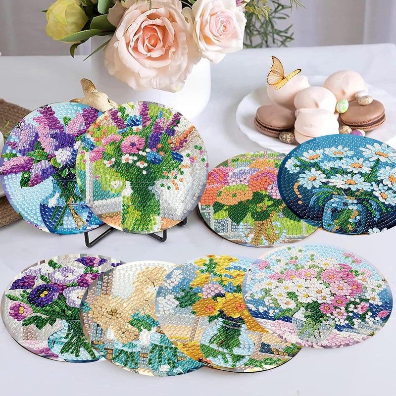 Ekuxom 8 PCS Flowers Diamond Art Coasters Kits, Diamond Painting Coasters Kits with Holder Cork Pads, DIY Crystal Full Drill Rhinestone Drink Coaster for Crafts Gifts Adults Beginners - Image 4