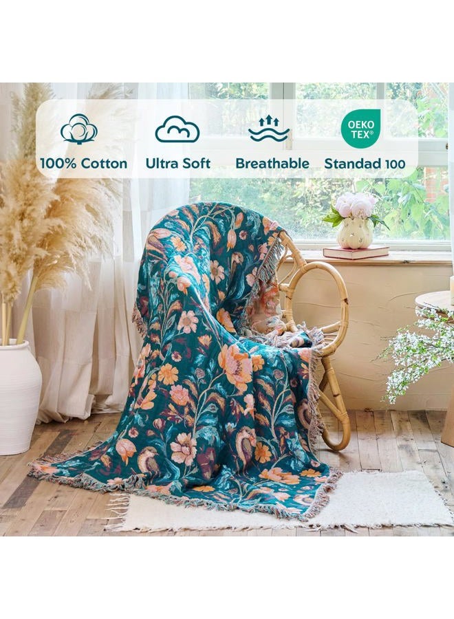 MSGKV Boho Throw Blanket for Bed 60"x80" Cotton Birds Floral Twin Size Couch Blanket Muslin Breathable All Seasons Lightweight Farmhouse Blankets - Image 2