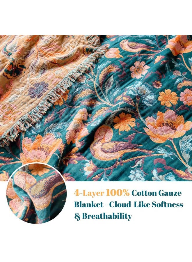 MSGKV Boho Throw Blanket for Bed 60"x80" Cotton Birds Floral Twin Size Couch Blanket Muslin Breathable All Seasons Lightweight Farmhouse Blankets - Image 4