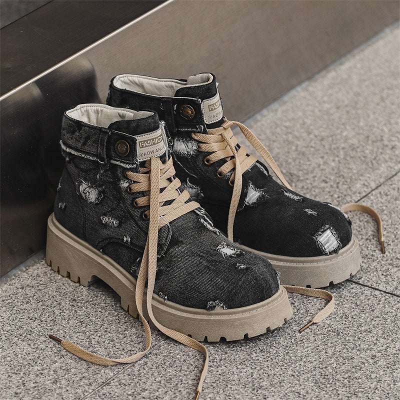 Men'S Rip Cowboy Boots Vintage Martin Boots Breathable Ankle Boots Autumn Thick-Soled Men'S Boots British Style Workwear Single Boots Z32 - Image 3