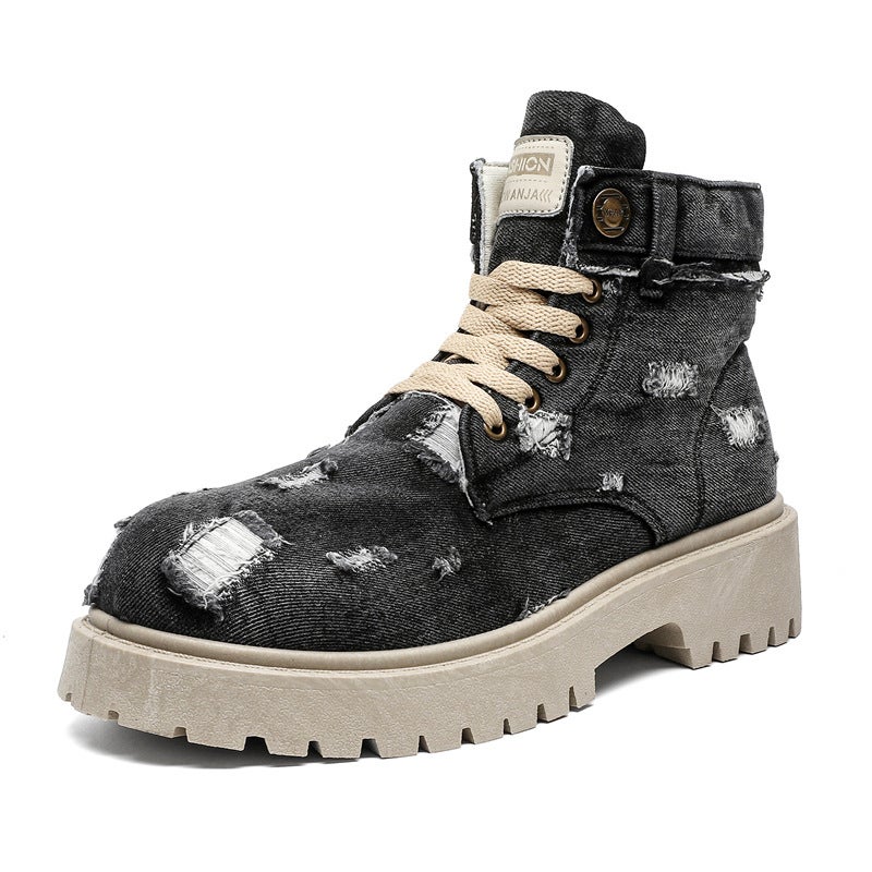 Men'S Rip Cowboy Boots Vintage Martin Boots Breathable Ankle Boots Autumn Thick-Soled Men'S Boots British Style Workwear Single Boots Z32 - Image 1