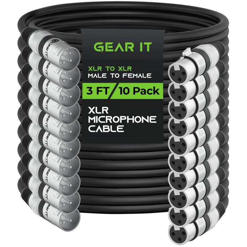 GearIT XLR to XLR Microphone Cable (3 Feet, 10-Pack) XLR Male to Female Mic Cable 3-Pin Balanced Shielded XLR Cable for Mic Mixer, Recording Studio, Podcast - Black, 3ft, 10 Pack - Image 1