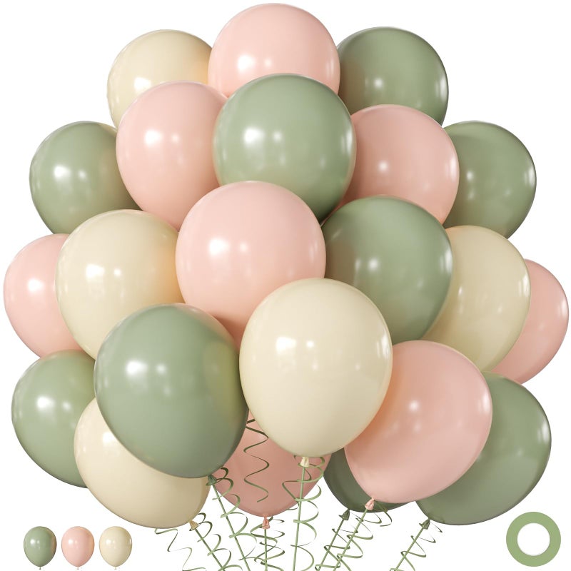JOYFLOAT Sage Green Pink White Balloons, 60Pcs 12 Inch Pink and Green Balloons Include Sage Green Peach Ivory White balloons for Weding Baby Shower Gender Reveal Wildflower Birthday Decorations - Image 1