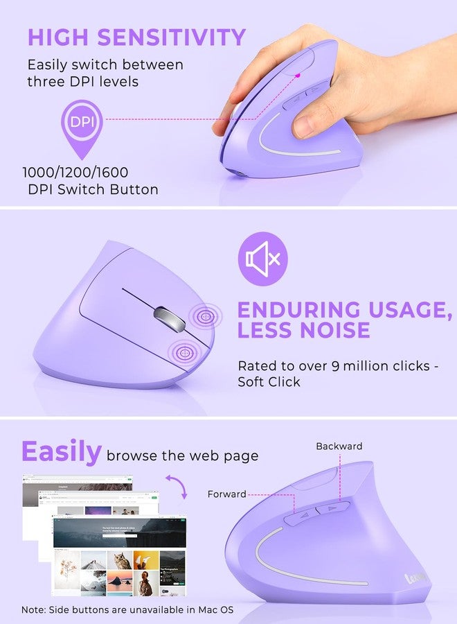 Lekvey Ergonomic Mouse, Vertical Wireless Mouse, Rechargeable 2.4G Optical Carpal Tunnel Mice with USB Receiver: 1000/1200 / 1600 DPI, 6 Buttons, for Laptop, Computer, PC, Desktop, Light Purple - Image 5