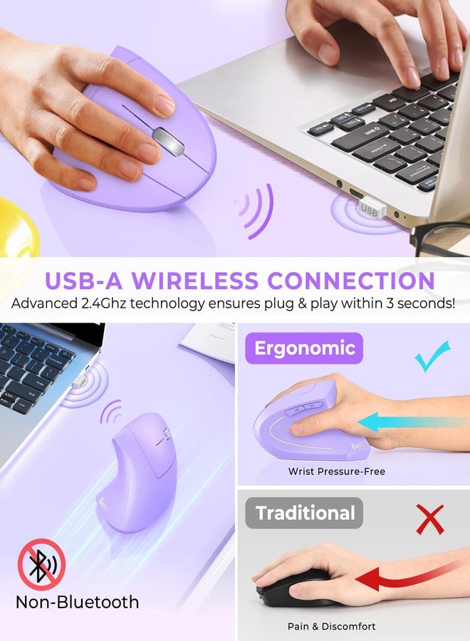 Lekvey Ergonomic Mouse, Vertical Wireless Mouse, Rechargeable 2.4G Optical Carpal Tunnel Mice with USB Receiver: 1000/1200 / 1600 DPI, 6 Buttons, for Laptop, Computer, PC, Desktop, Light Purple - Image 3