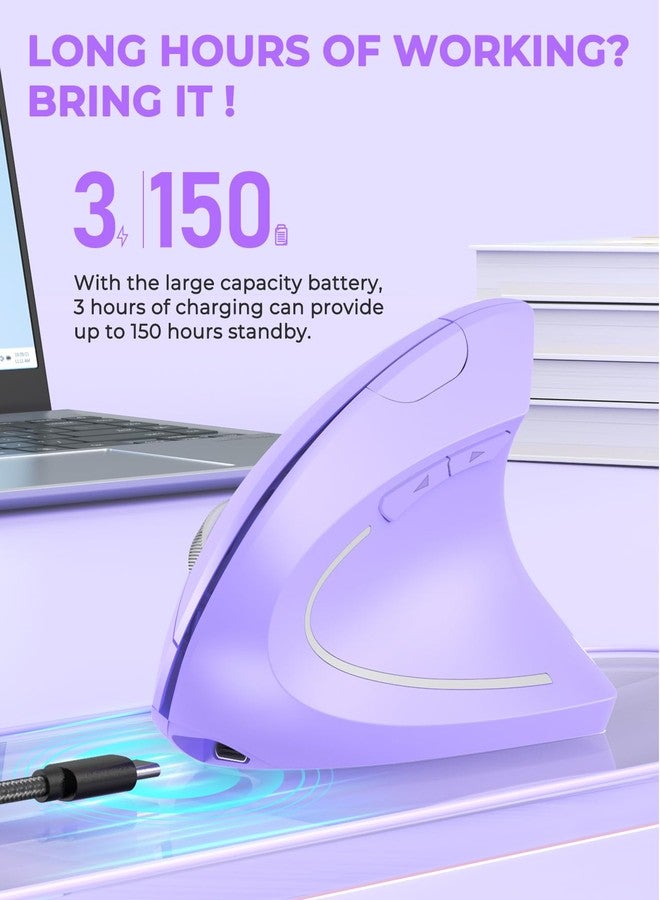 Lekvey Ergonomic Mouse, Vertical Wireless Mouse, Rechargeable 2.4G Optical Carpal Tunnel Mice with USB Receiver: 1000/1200 / 1600 DPI, 6 Buttons, for Laptop, Computer, PC, Desktop, Light Purple - Image 4