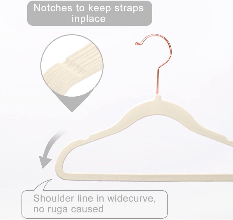 MIZGI Premium Kids Velvet Hangers (Pack of 50) with Copper/Rose Gold Hooks - Space Saving Non-Slip Hangers for Children's Clothes (Ivory) - Image 3