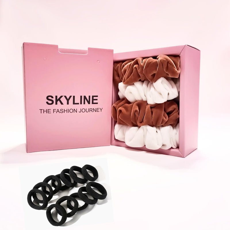 Generic VELVET SCRUNCHIES FOR WOMEN COMBO OF BROWN AND WHITE HAIR TIES SIZE L PACK OF 5 AND BLACK DAILY USE HAIR TIES 20 PCS INDULGE IN LUXURY WITH THESE SCRUNCHIES  - Image 1