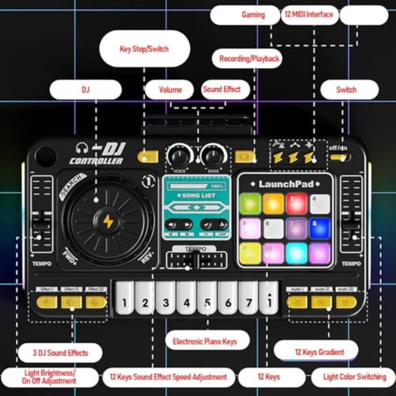 وحدة تحكم DJ Mixer، لوحة مزج الصوت مع أضواء LED وتأثيرات صوتية ومفاتيح البيانو وميكروفون الكاريوكي لحفلات أعياد ميلاد الأطفال الصغار 3 4 5 6 سنوات - Image 3
