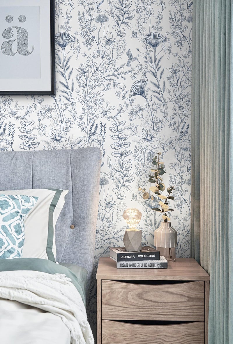 CiCiwind Peel and Stick Wallpaper Blue and White Floral Wall Paper Boho Self Adhesive Removable Contact Paper Bedroom Bathroom Living Room Papel Tapiz para Pared 17.3" Ã— 78.7" - Image 2