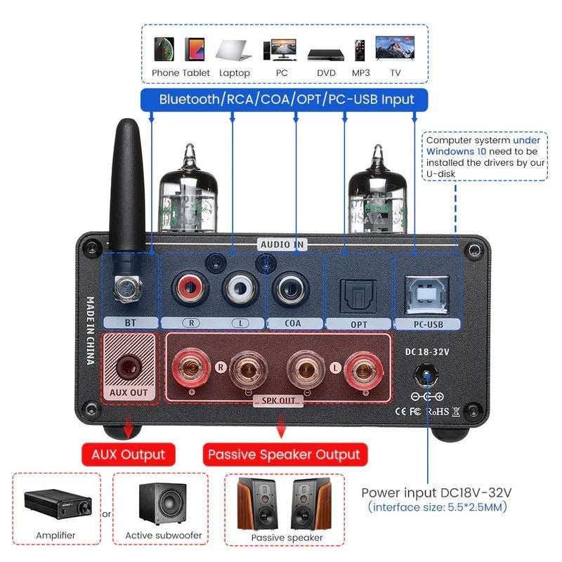 AIYIMA T9 Pro Vacuum Tube Hybrid Power Amplifier TPA3250 Bluetooth 5.1 aptX HD Stereo Amp 100W×2 Built-in ES9018K2M USB DAC Optical Coaxial RCA Input VU Meter Treble Bass Control AUX Output with Remote - Image 5