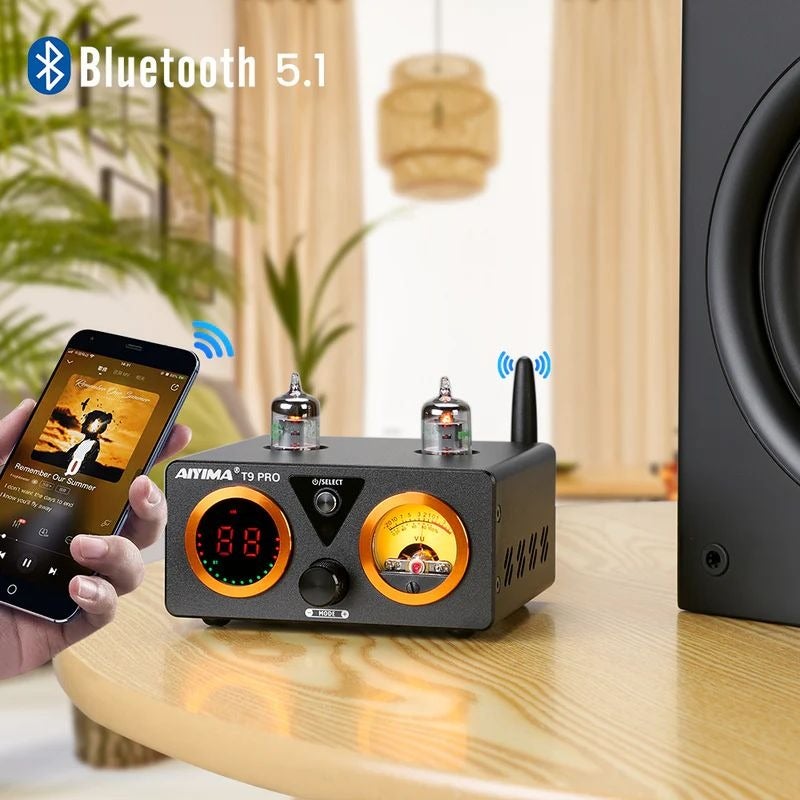 AIYIMA T9 Pro Vacuum Tube Hybrid Power Amplifier TPA3250 Bluetooth 5.1 aptX HD Stereo Amp 100W×2 Built-in ES9018K2M USB DAC Optical Coaxial RCA Input VU Meter Treble Bass Control AUX Output with Remote - Image 2