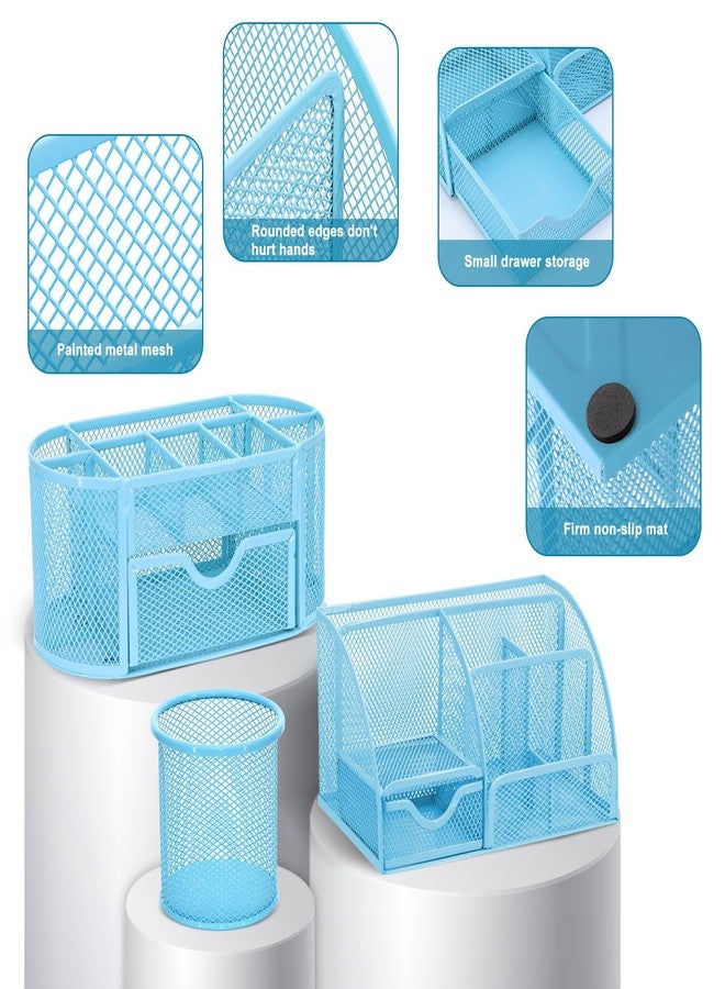 Froidesente 17 in 1 Blue Desk Organizers and Accessories Set, 3 Office Desk Supplies Storage Organization, 4 Pens, Stapler, Staples & Remover, Tape & Dispenser, Scissors, Ruler, Clips, Hole Punch, Back to School - Image 3