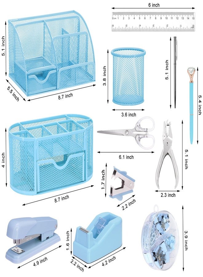Froidesente 17 in 1 Blue Desk Organizers and Accessories Set, 3 Office Desk Supplies Storage Organization, 4 Pens, Stapler, Staples & Remover, Tape & Dispenser, Scissors, Ruler, Clips, Hole Punch, Back to School - Image 2
