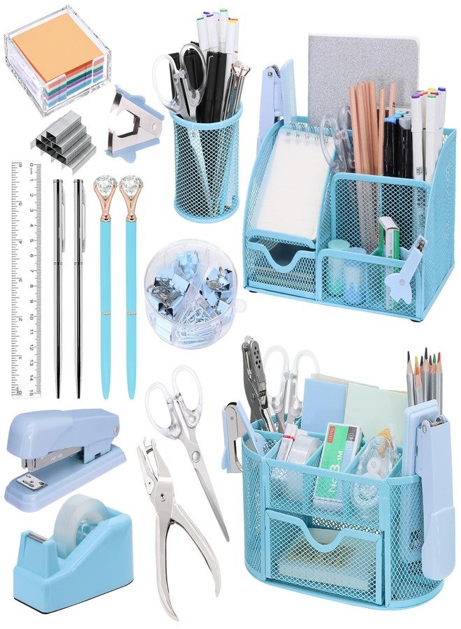 Froidesente 17 in 1 Blue Desk Organizers and Accessories Set, 3 Office Desk Supplies Storage Organization, 4 Pens, Stapler, Staples & Remover, Tape & Dispenser, Scissors, Ruler, Clips, Hole Punch, Back to School - Image 1
