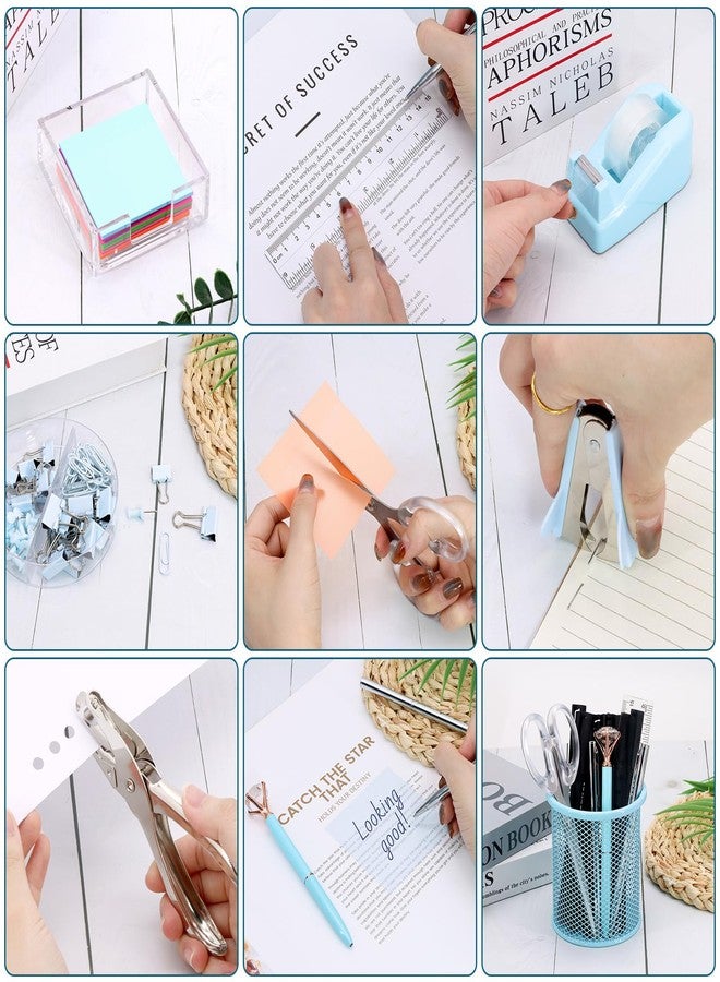 Froidesente 17 in 1 Blue Desk Organizers and Accessories Set, 3 Office Desk Supplies Storage Organization, 4 Pens, Stapler, Staples & Remover, Tape & Dispenser, Scissors, Ruler, Clips, Hole Punch, Back to School - Image 5
