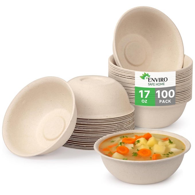 17OZ BAMBOO DISPOSABLE BOWLS FOR HOT SOUP 100 PACK SMALL HEAVY DUTY MICROWAVABLE OVEN SAFE PERFECT FOR HOT FOOD MEALS ACAI MORE ECOFRIENDLY LEAKPROOF