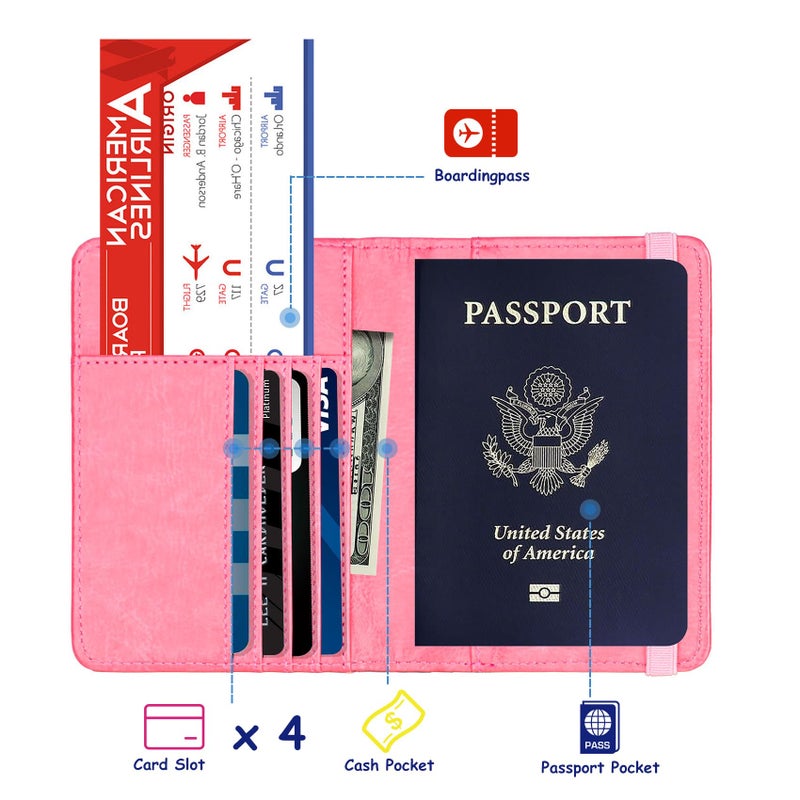 TOURSUIT RFID Blocking Passport Holder for Women Men, Leather Passport Travel Wallet with Metal 3D Metal Badge, Travel Document Holder Cover Accessories (Pink) - Image 2