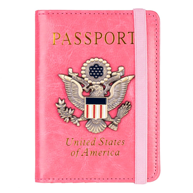 TOURSUIT RFID Blocking Passport Holder for Women Men, Leather Passport Travel Wallet with Metal 3D Metal Badge, Travel Document Holder Cover Accessories (Pink) - Image 1