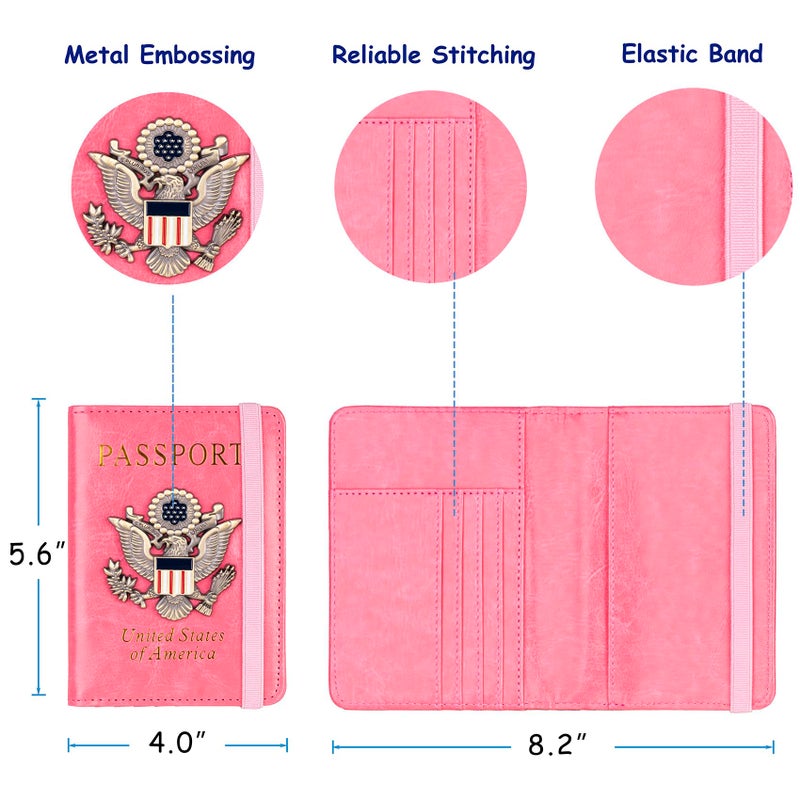 TOURSUIT RFID Blocking Passport Holder for Women Men, Leather Passport Travel Wallet with Metal 3D Metal Badge, Travel Document Holder Cover Accessories (Pink) - Image 4