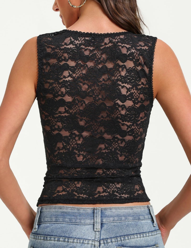 Avidlove Lace Tank Tops for Women Square Neck Black Going Out Top Sleeveless Double Layer Undershirt Summer - Image 2