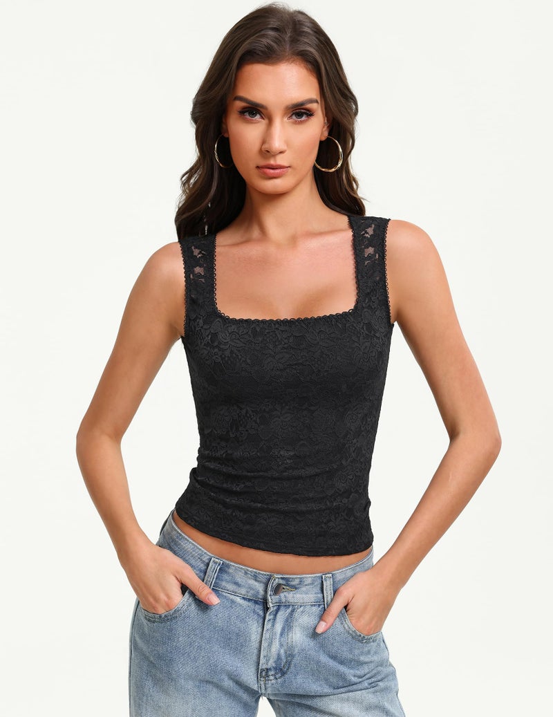 Avidlove Lace Tank Tops for Women Square Neck Black Going Out Top Sleeveless Double Layer Undershirt Summer - Image 5