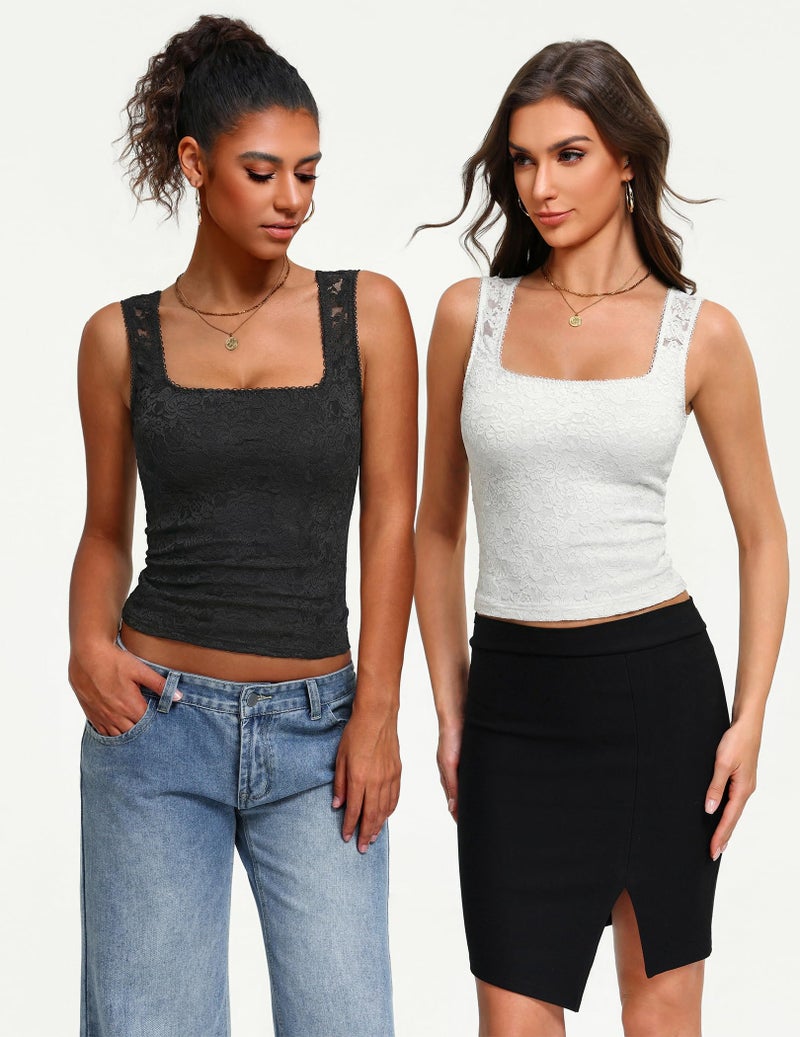 Avidlove Lace Tank Tops for Women Square Neck Black Going Out Top Sleeveless Double Layer Undershirt Summer - Image 3