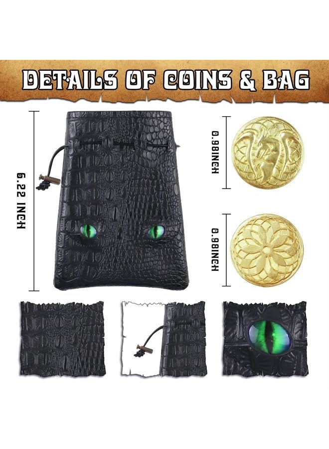 Byhoo 100 Metal Fantasy Coins with PU Fake Leather Pouch, Gold DND Coins for Board Game, Golden Game Tokens Store in The Coins Bag, DND Accessories for from New to Master, Retro Board Game Gifts for DM 