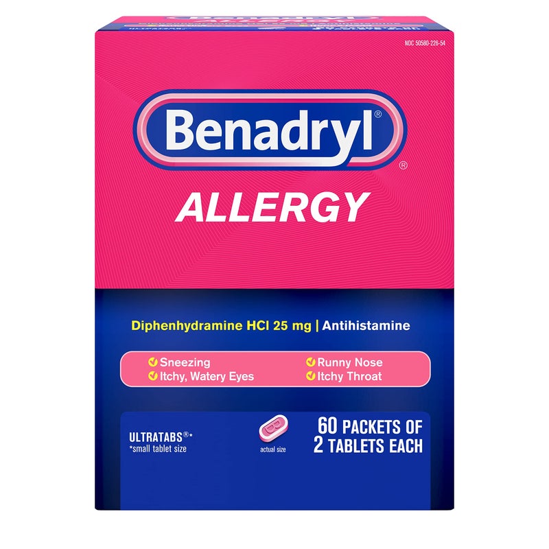 Benadryl أقراص بنادريل ألترا تابز باك، أدوية مضادة للهستامين للحساسية مع ديفينهيدرامين هيدروكلوريد، مريحة للسفر وتخفيف البرد والحساسية أثناء التنقل، 60 عبوة تحتوي على 2 قرص - Image 1