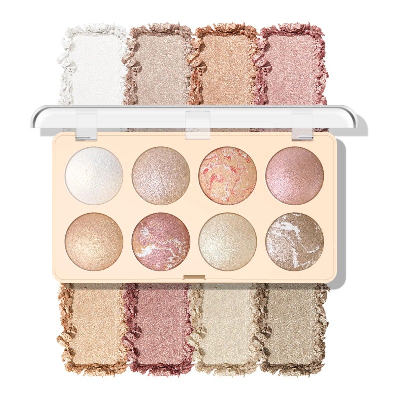 KYDA 8 Colors Baked Powder Palette, Mulitiuse Baked Powder for Eyeshadow Highlighter Contour, Lightweight Blendable, Buildable Glossy Color, Golden Luster - Image 1